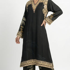 Black Crepe Coord Set with Intricate Digital Print, Mirror and Stone Work