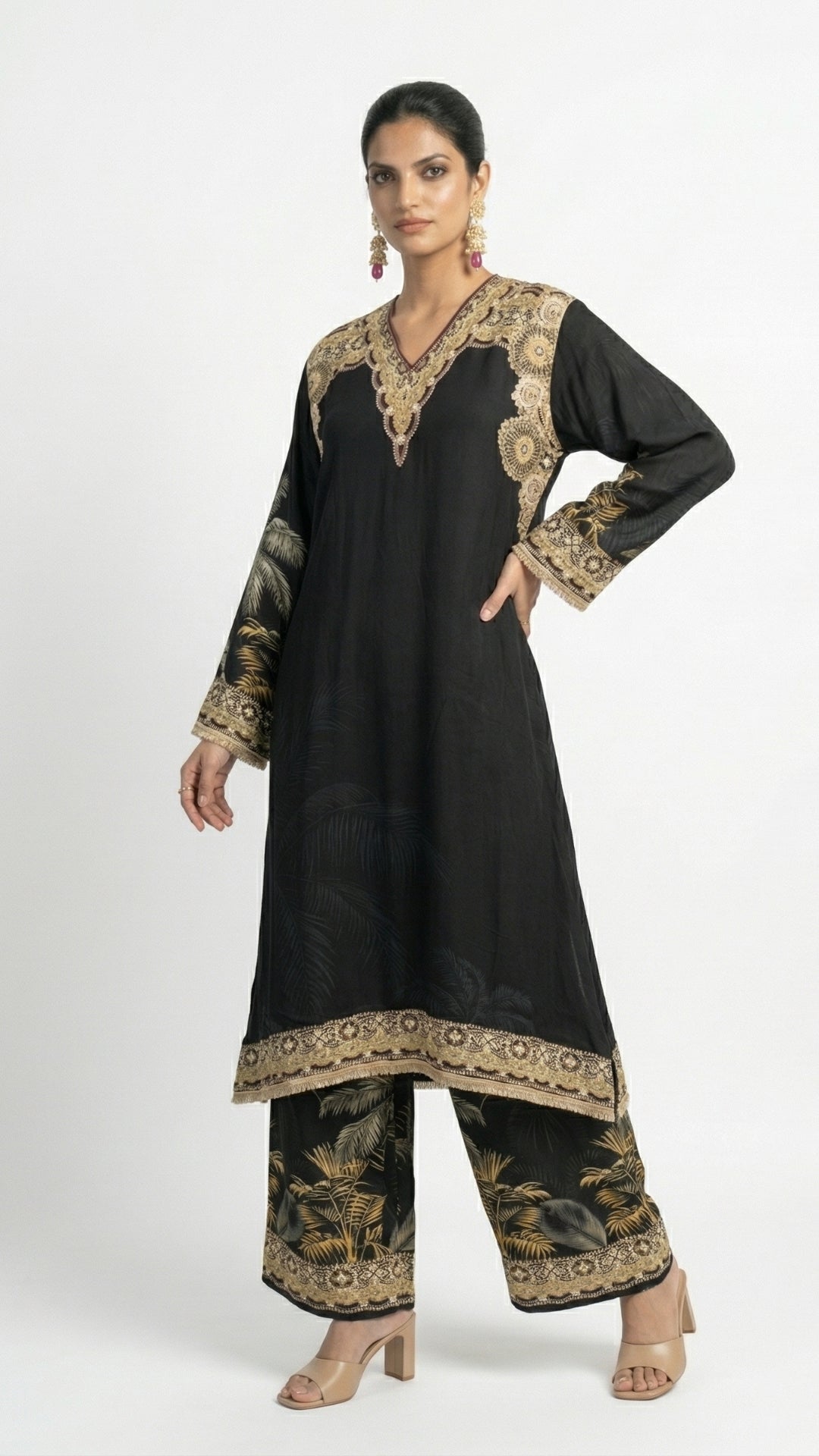 Black Crepe Coord Set with Intricate Digital Print, Mirror and Stone Work