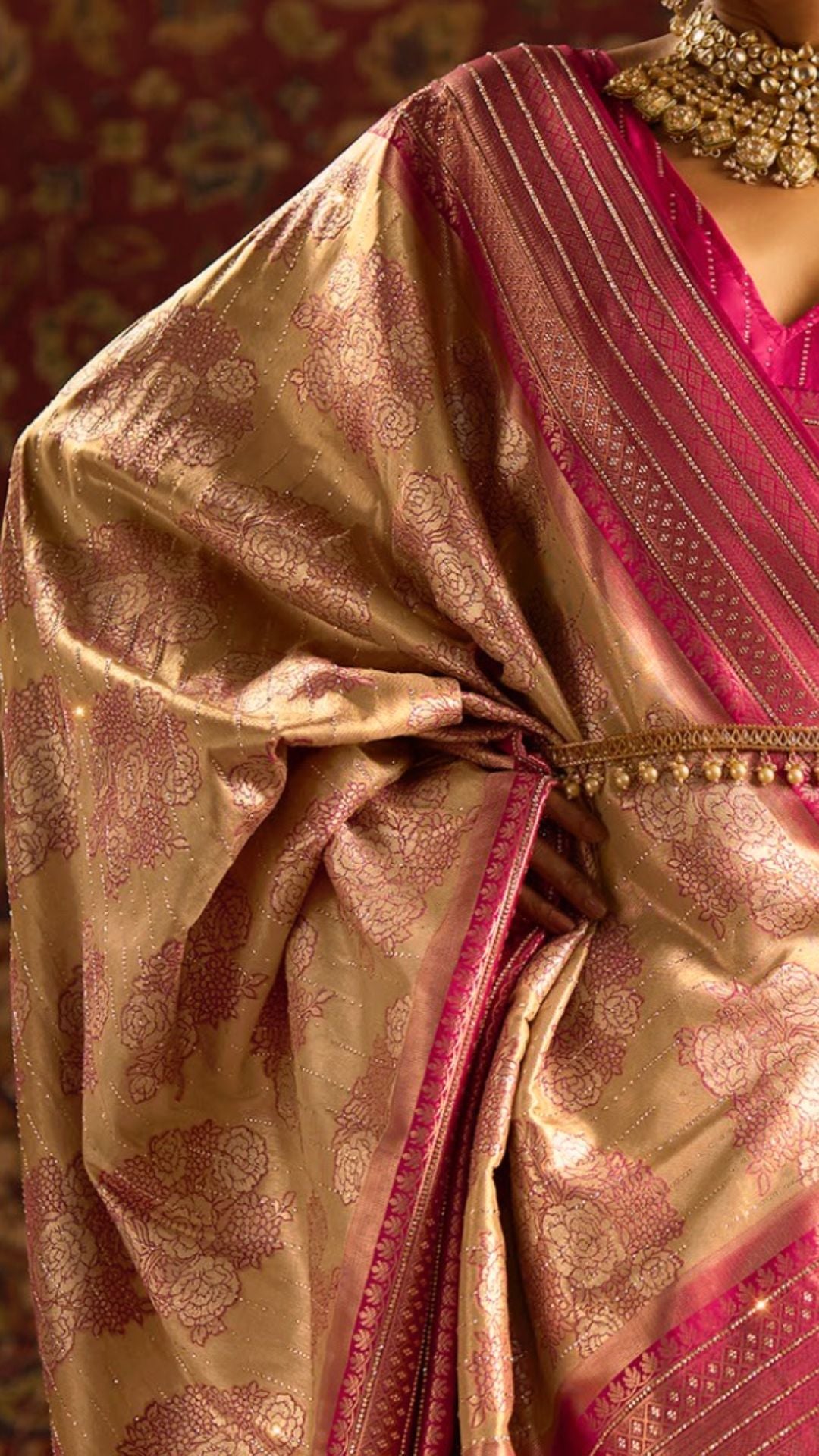 Pink and Beige Kanjiviram Silk Saree With Zarkan and Swarovski Work