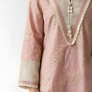 Pink Handloom Cotton Coord Set with Moti, Kodi and Thread Work