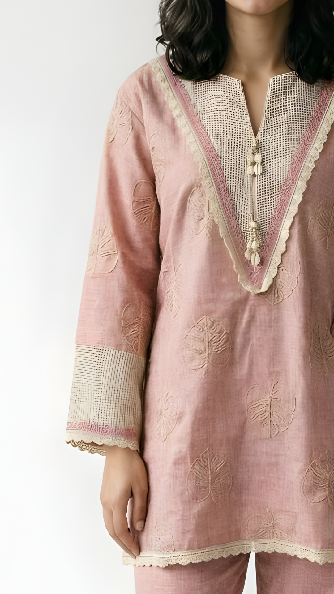 Pink Handloom Cotton Coord Set with Moti, Kodi and Thread Work