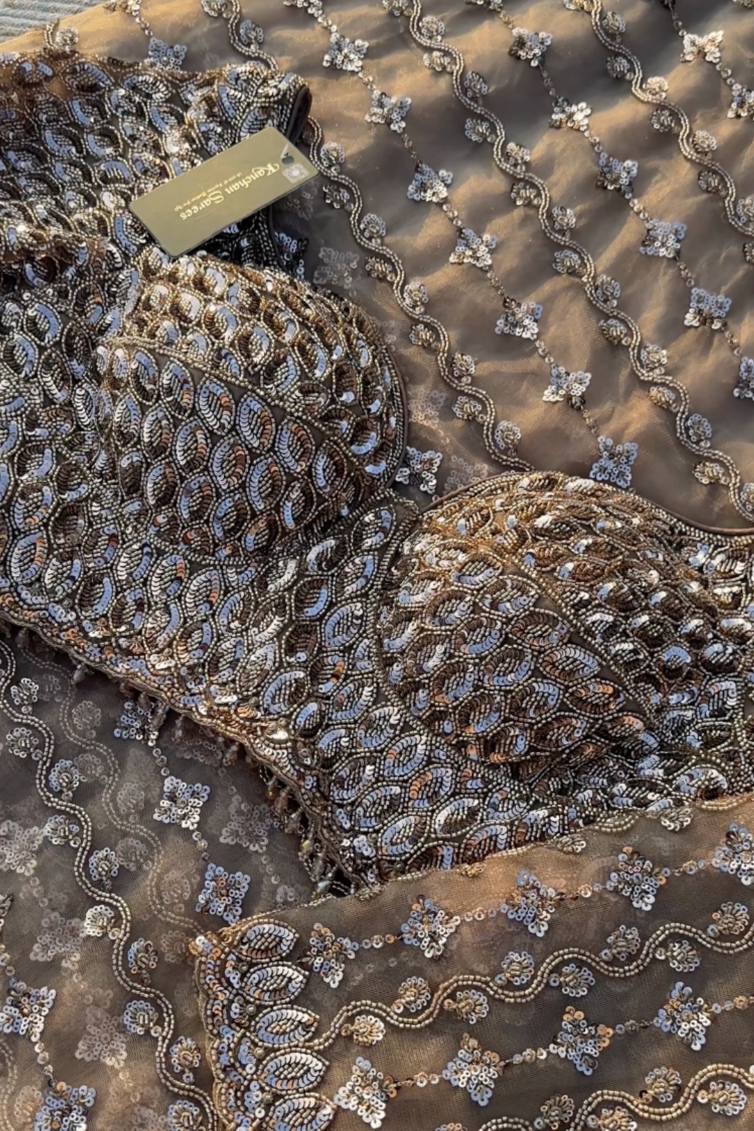 Golden Net Saree Embellished With Cutdana & Sequins Work