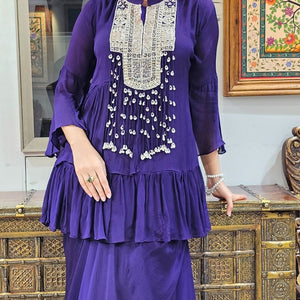 Purple Chinon Indowestern Top and Bottom with Sequins,Cutdana and Pearl Work