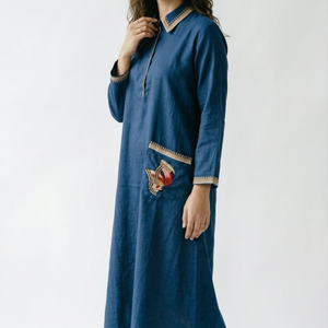 Blue Linen Cotton one Piece Indowestern with Thread Work