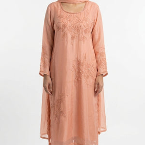 Dusty Peach Soft Organza Suit with Cutdana, Pearl & Moti Detailing