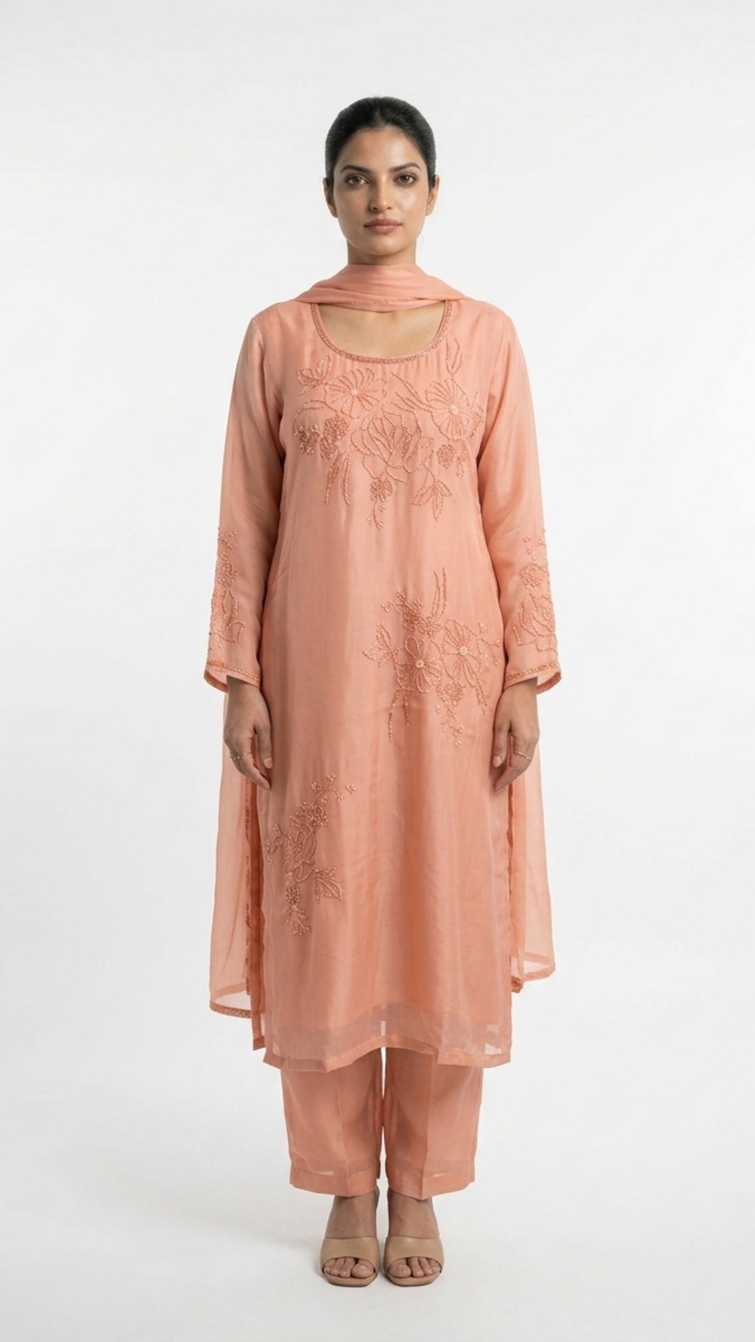 Dusty Peach Soft Organza Suit with Cutdana, Pearl & Moti Detailing