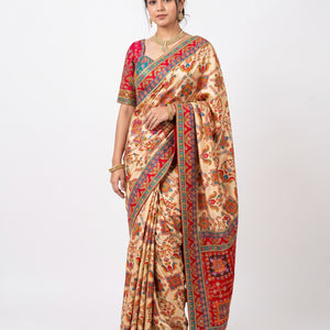 Cream Digital Printed Silk Ready Made Saree Embellished With Sequins & Zari Work