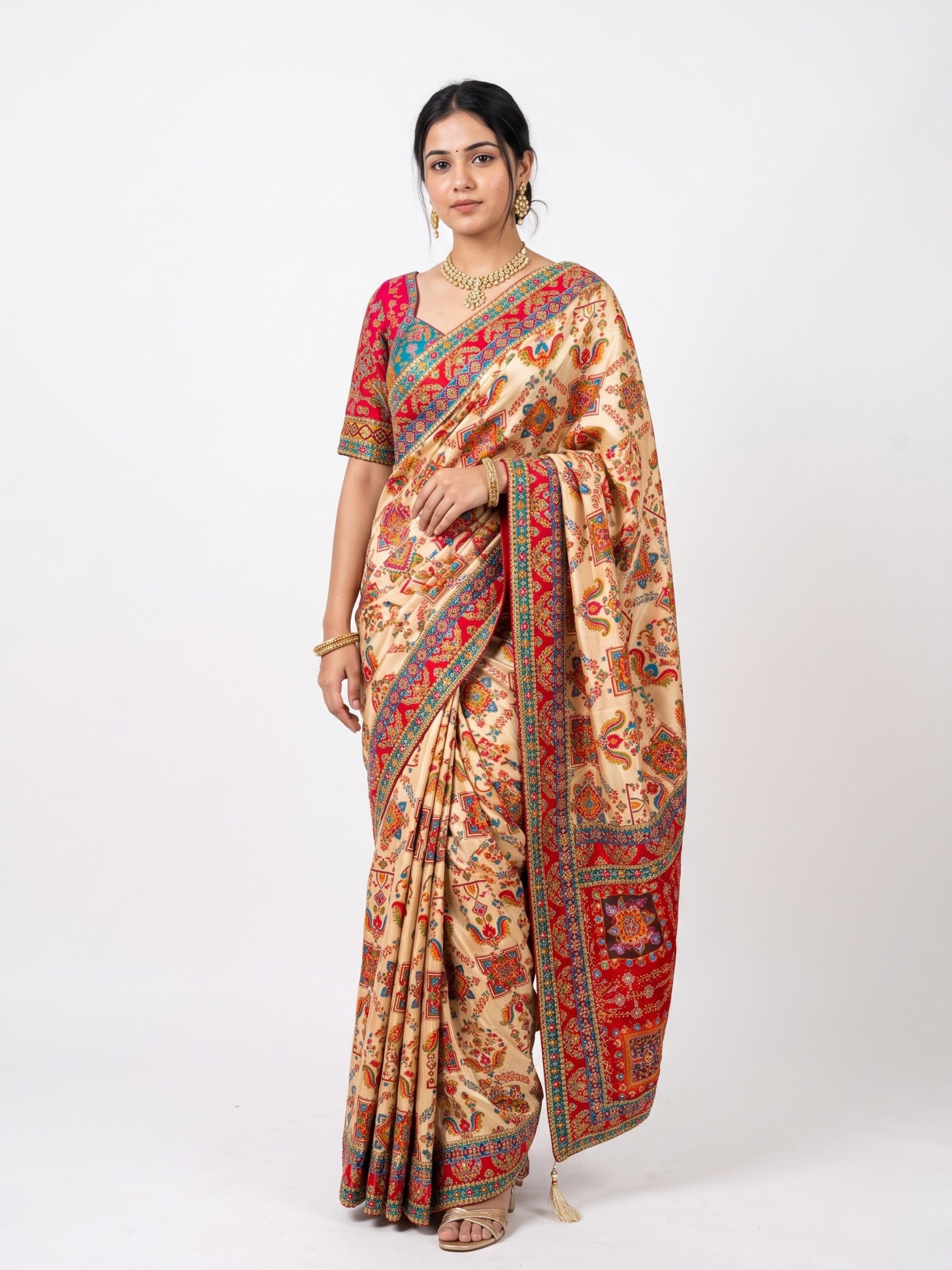 Cream Digital Printed Silk Ready Made Saree Embellished With Sequins & Zari Work