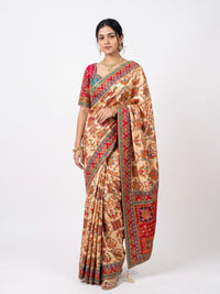 Cream Digital Printed Silk Ready Made Saree Embellished With Sequins & Zari Work
