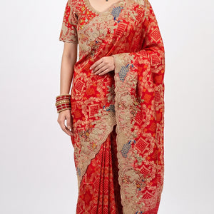 Red Silk Saree Embellished With Sequins, Zari & Cut Dana Work