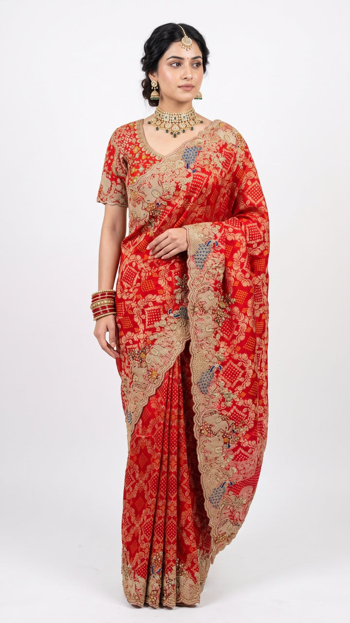 Red Silk Saree Embellished With Sequins, Zari & Cut Dana Work