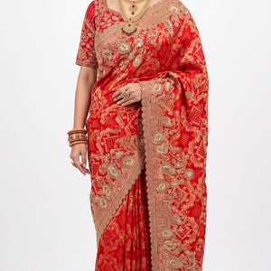 Beautiful Red Silk Saree Embellished With Sequins, Pearl & Cut Dana Work