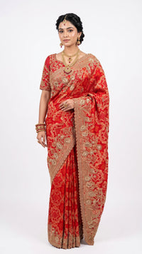Beautiful Red Silk Saree Embellished With Sequins, Pearl & Cut Dana Work