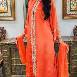 Orange Chinon Indowestern Top,Bottom and Dupatta with Swarovski,Sequins and Pearl Work