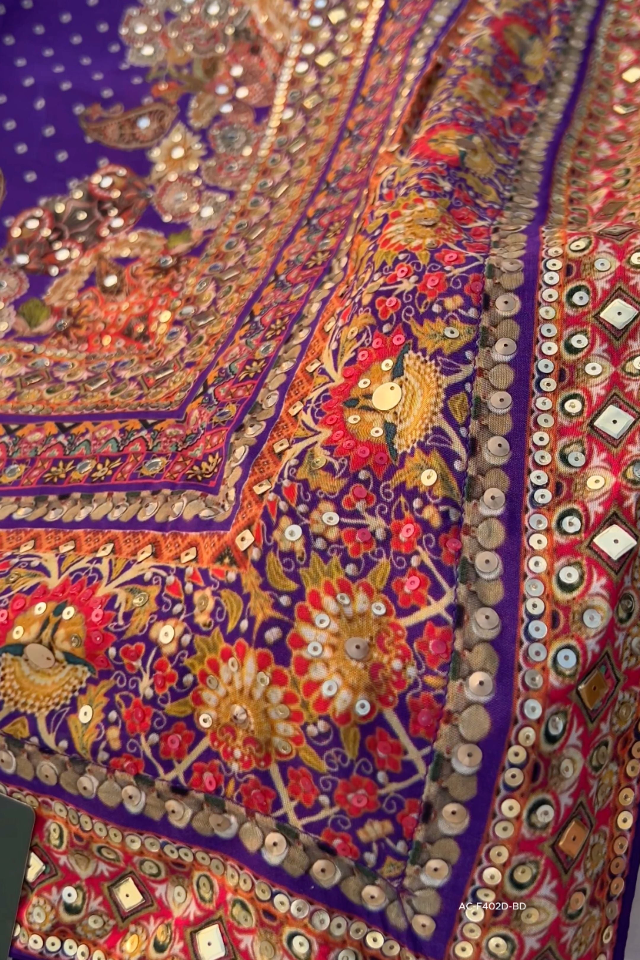 Rani Crepe Saree Embellished With Sequins & Mirror Work