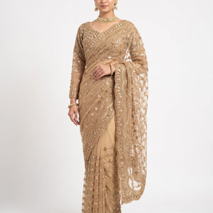 Golden Net Saree Embellished With Cutdana & Sequins Work