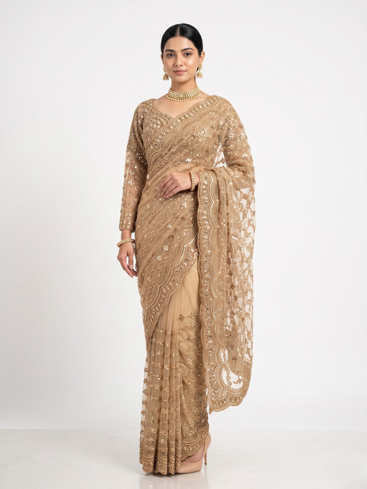 Golden Net Saree Embellished With Cutdana & Sequins Work