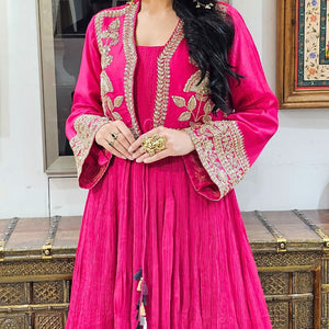 Pink Silk Indowestern Embroidered Jacket with Georgette Top and Bottom