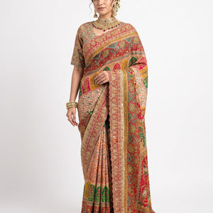 Beautiful Peach Silk Ready Made Saree Embellished With Pure Hand Work