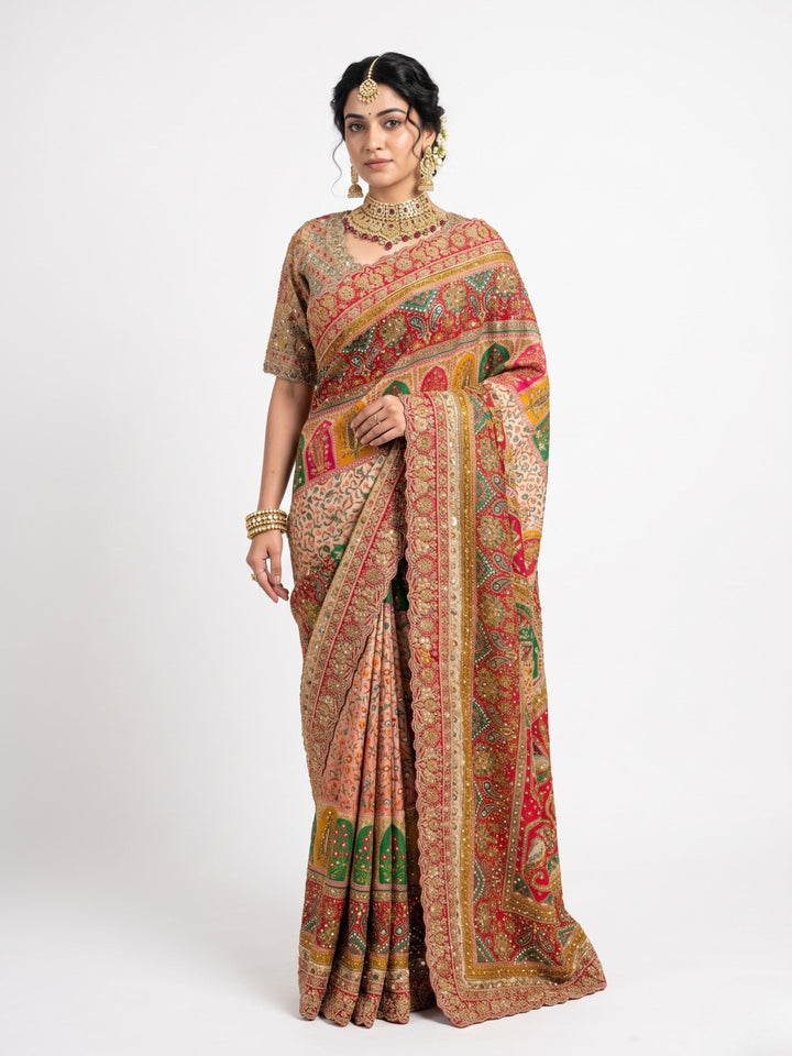 Beautiful Peach Silk Ready Made Saree Embellished With Pure Hand Work