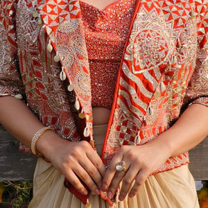 Rust Crepe Saree Sculpt with Blouse Jacket & Zari, Sequin, Stone, Moti Work