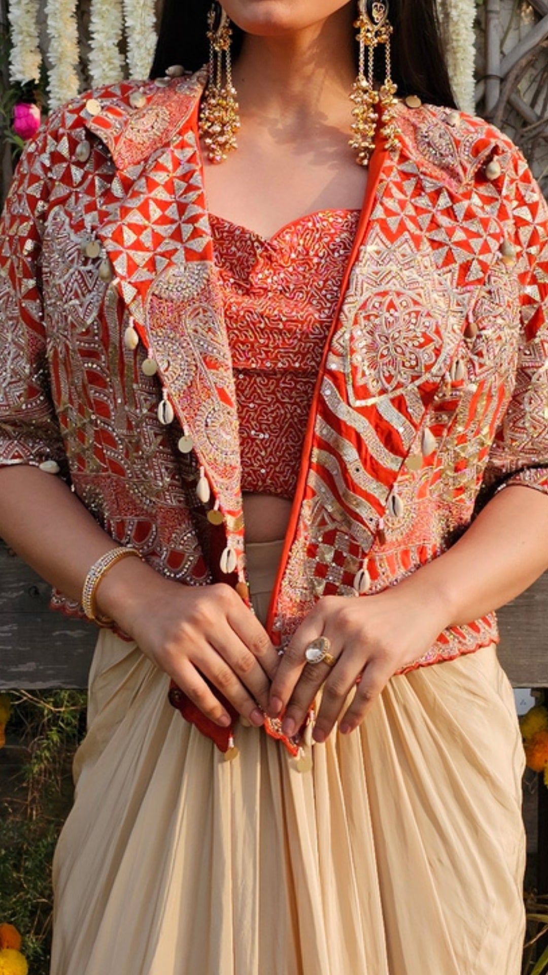 Rust Crepe Saree Sculpt with Blouse Jacket & Zari, Sequin, Stone, Moti Work