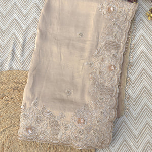 Fawn Tissue Saree Embellished With Zari, Sequins & Cut Dana Work