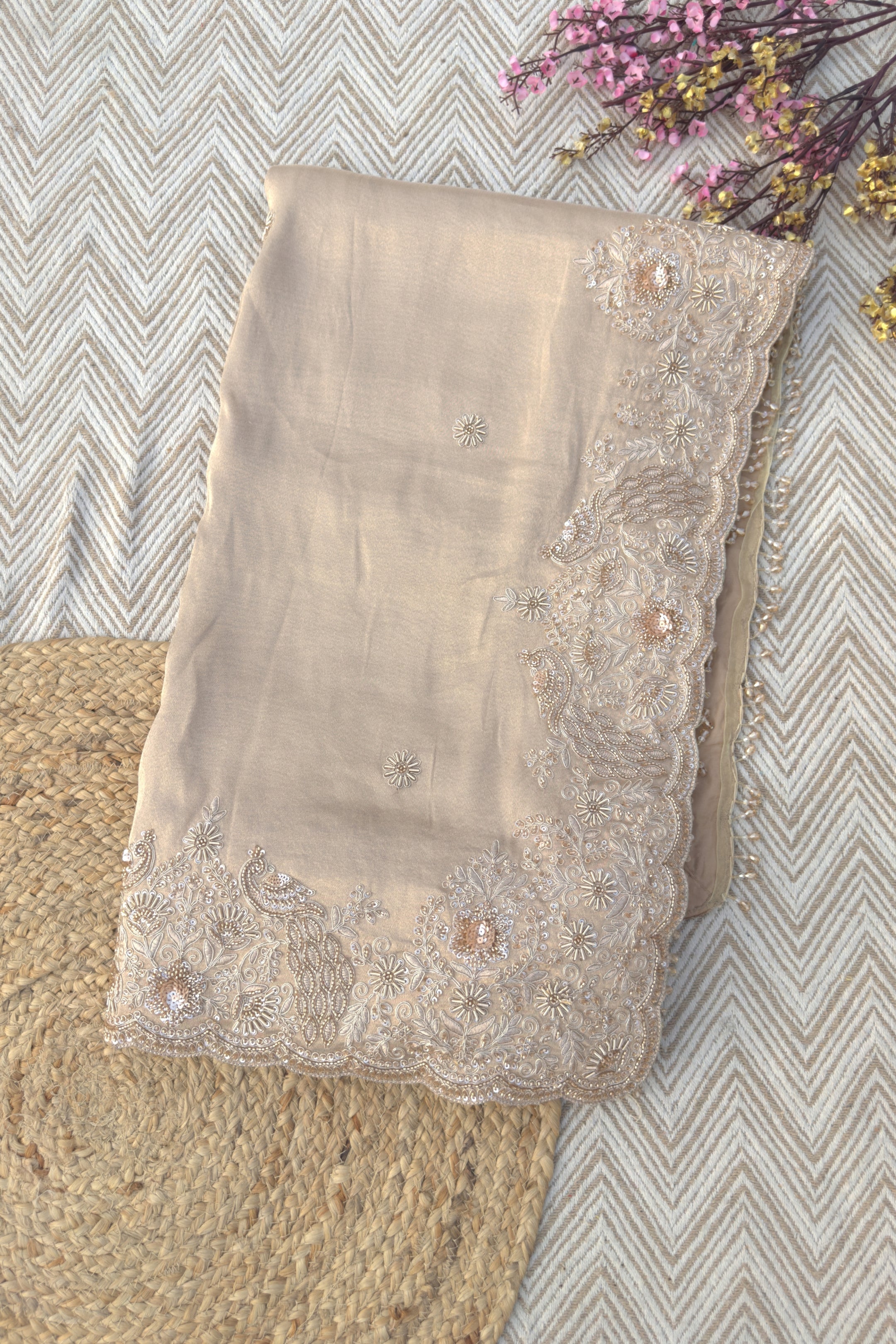 Fawn Tissue Saree Embellished With Zari, Sequins & Cut Dana Work