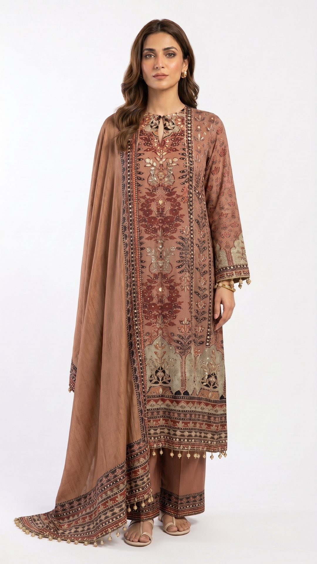 Brown Muslin Fabric Gota Pati Digital Print Sequins