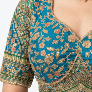 Red Banarasi Silk Saree with Stitched Blue Blouse and Weaving Work