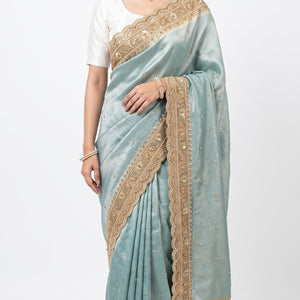 Ice Blue Brocade  Unstitched Saree with Sequins, Pearl, Zari & Cut Dana Work