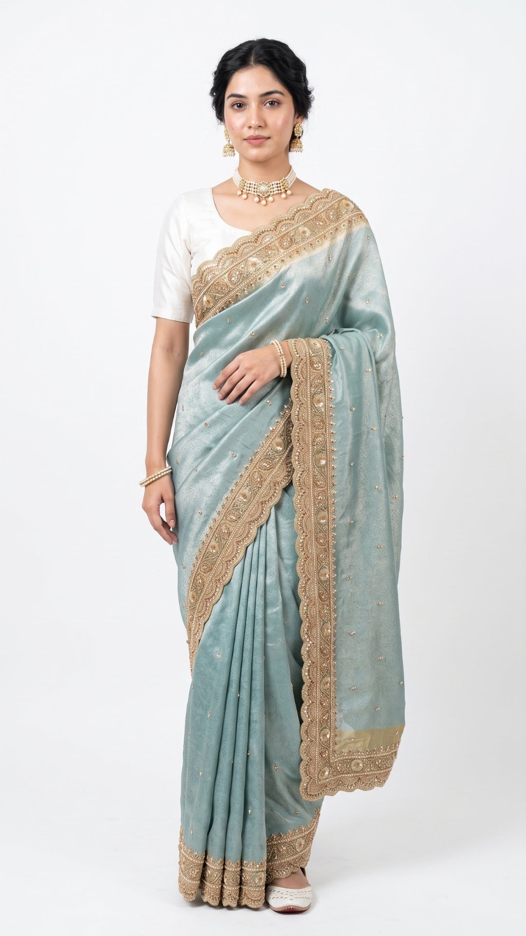 Ice Blue Brocade  Unstitched Saree with Sequins, Pearl, Zari & Cut Dana Work