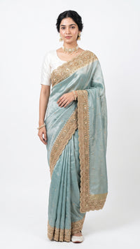 Ice Blue Brocade  Unstitched Saree with Sequins, Pearl, Zari & Cut Dana Work