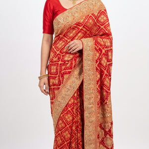 Red Pure Georgette Bandhej Unstitched Saree with Gota, Dabka & Dori Work