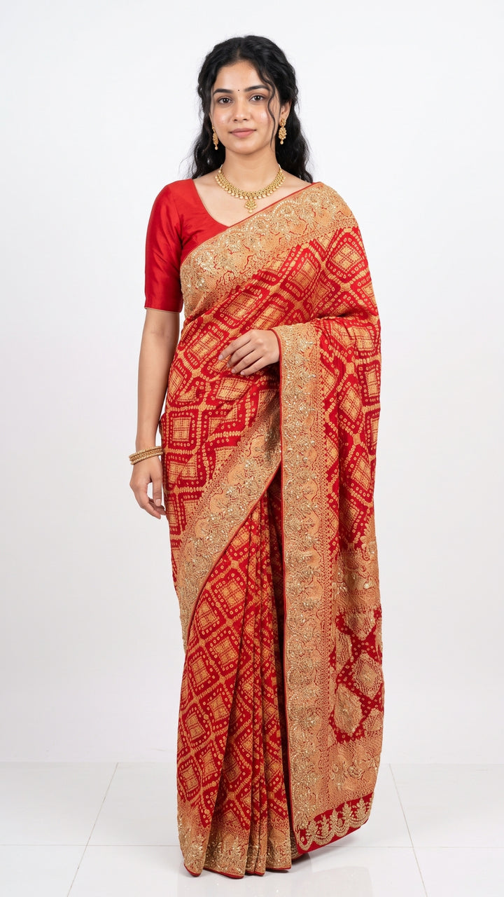 Red Pure Georgette Bandhej Unstitched Saree with Gota, Dabka & Dori Work