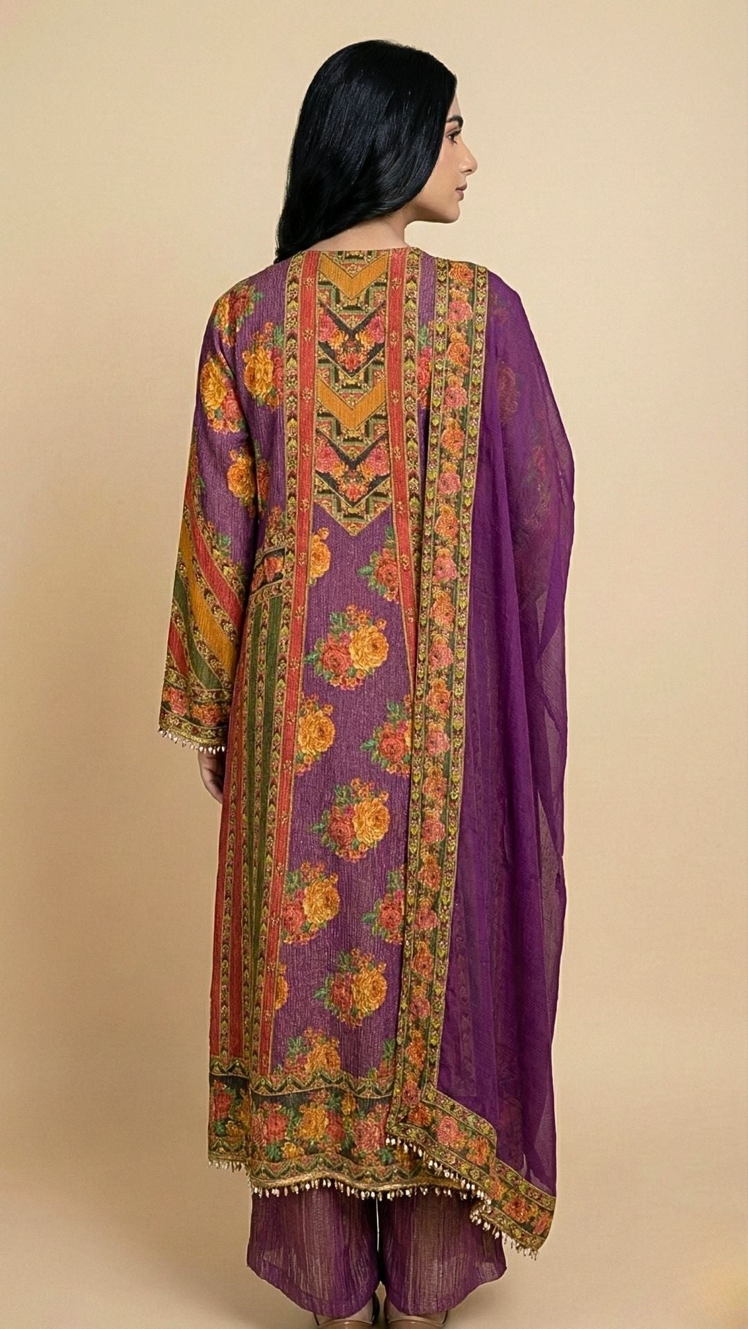 Purple Wrinkle Tissue Digital Printed Suit with Mirror Detailing and Palazzo