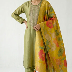 Green Tissue Suit Set with Cutdana, Sequins, Bead & Dabka Detailing