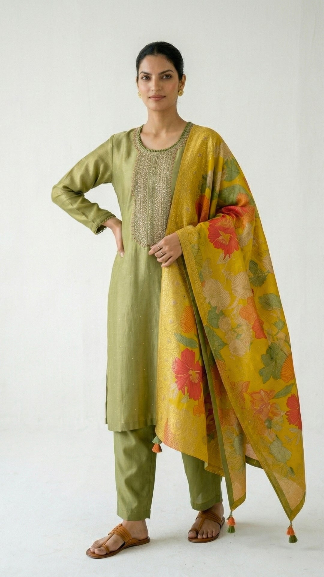 Green Tissue Suit Set with Cutdana, Sequins, Bead & Dabka Detailing