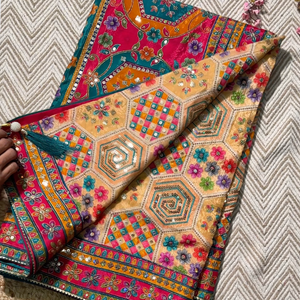 Multicolour Digital Printed Silk Ready Made Saree Embellished With Zari & Sequins Work