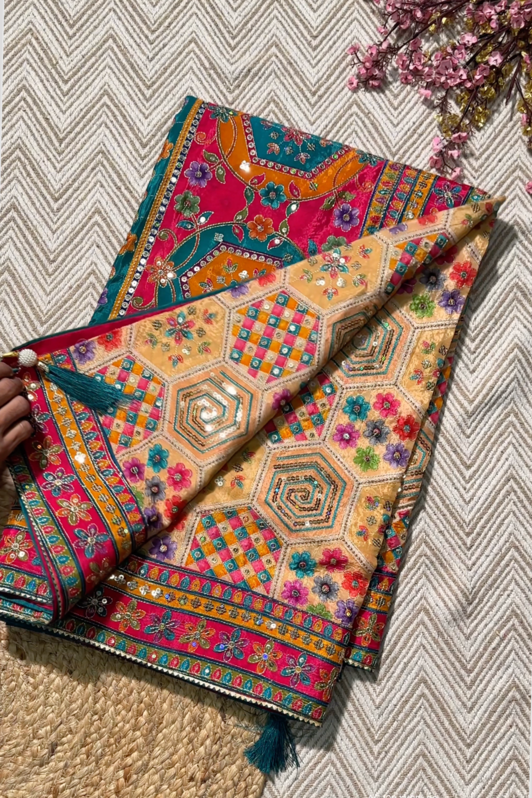 Multicolour Digital Printed Silk Ready Made Saree Embellished With Zari & Sequins Work