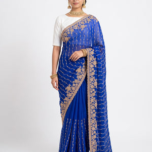 Blue Tissue Unstitched Saree Embellished With Sequins, Cutdana & Zari Work