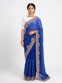 Blue Tissue Unstitched Saree Embellished With Sequins, Cutdana & Zari Work