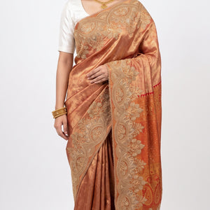 Orange Banarasi Unstitched Saree with Zarkan Work