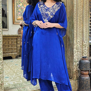 Blue Chinon Indowestern Kaaftan and Bottom with Cutdana,Sequins and Thread Work