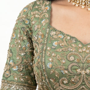 Sage Green Silk Saree with Stitched Blouse and Zari, Cutdana & Sequins Work