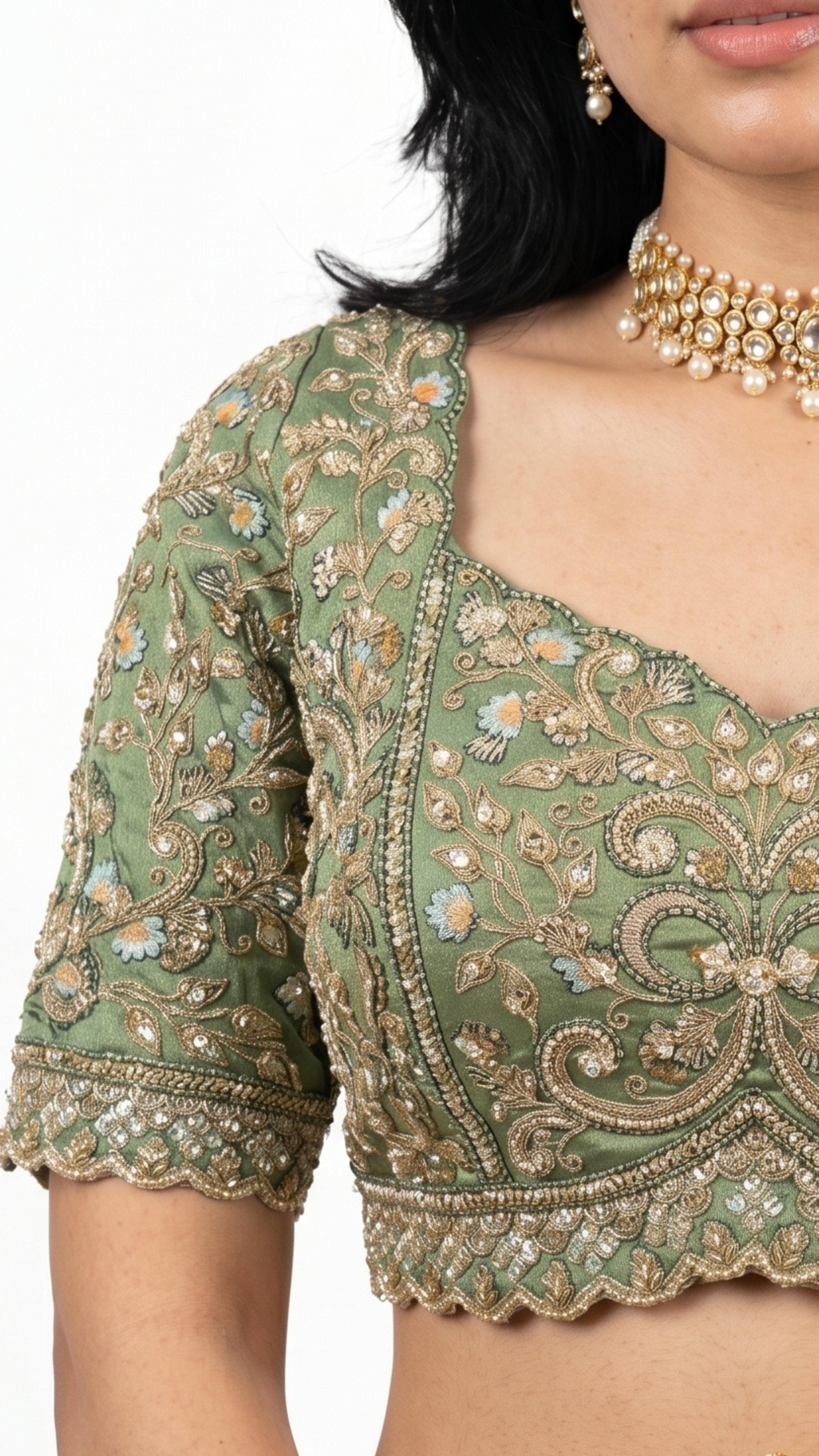 Sage Green Silk Saree with Stitched Blouse and Zari, Cutdana & Sequins Work
