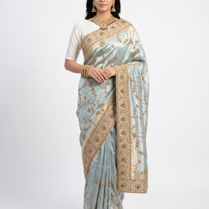 Sky Blue Tissue Unstitched Saree Embellished With Sequins, Cutdana, Moti & Stone Work