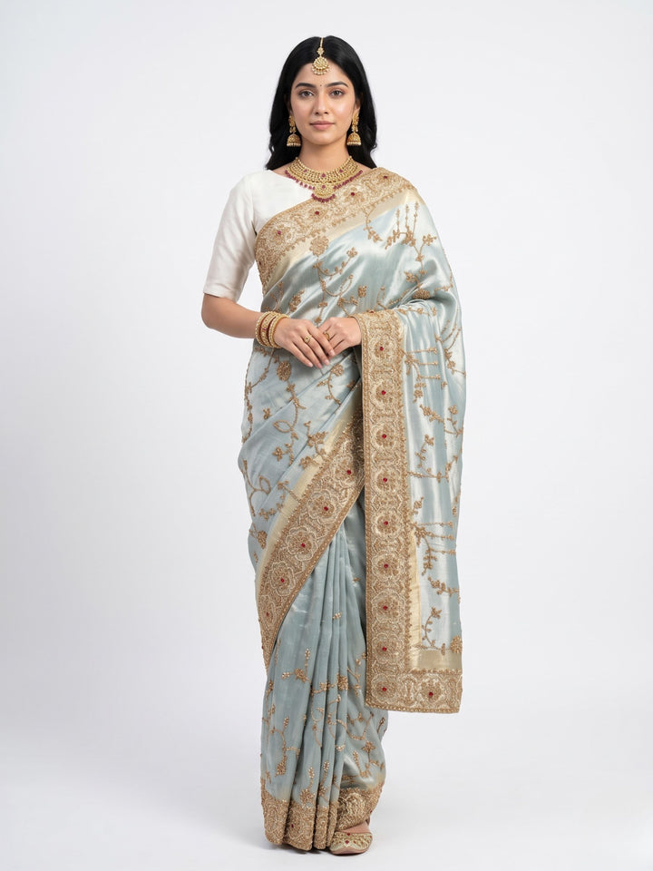 Sky Blue Tissue Unstitched Saree Embellished With Sequins, Cutdana, Moti & Stone Work