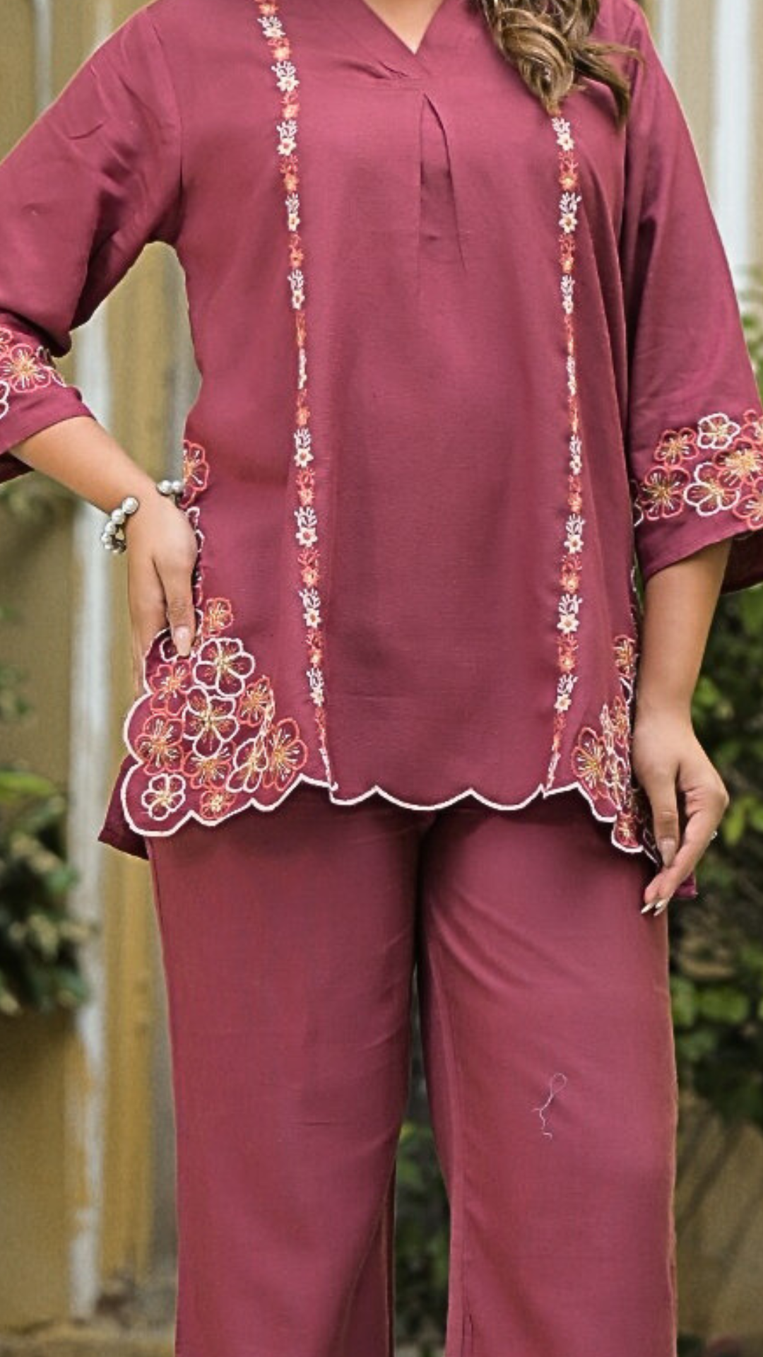 Rouge Pink Linen Cotton Coord Set with Thread Embroidery