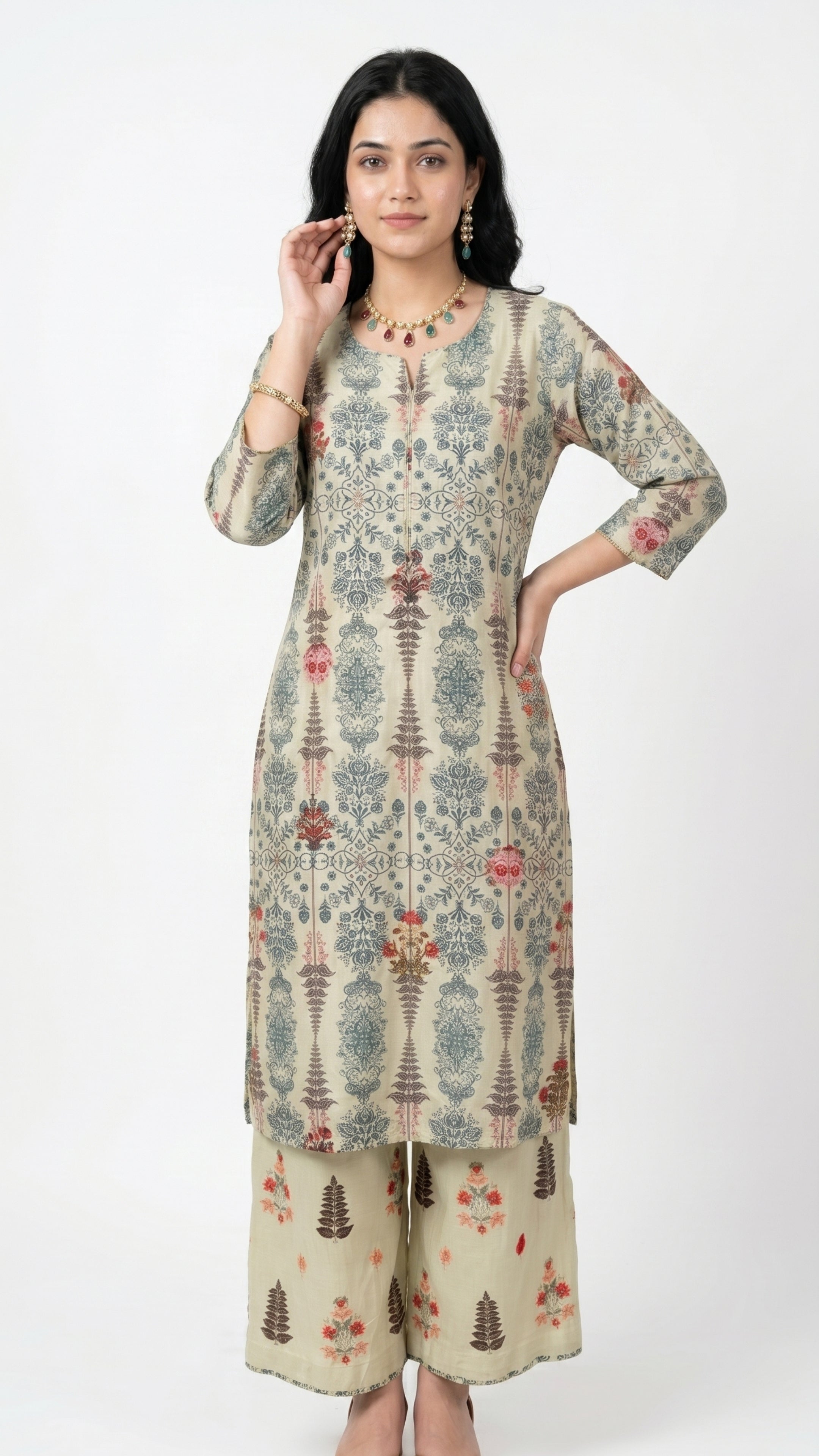 Mint Digital Printed Cotton Fabric Co-ord Set with Zari Work